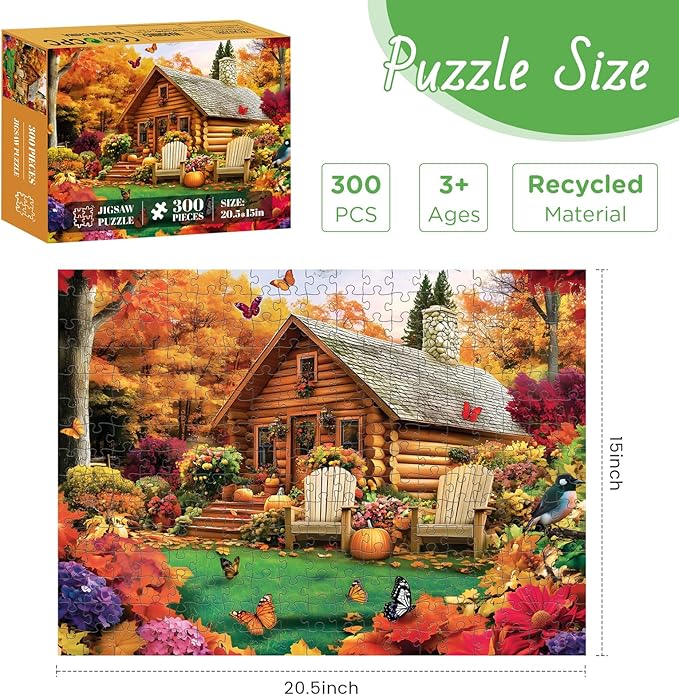 300 Pieces Puzzle for Adults, House and Forest Jigsaw Puzzle 300 Pieces, Butterfly, Fallen Leaves and Pumpkins Puzzle for Kids Seniors, Challenging Home Decor Holiday Party Gift Toy 20.5 * 15 in
