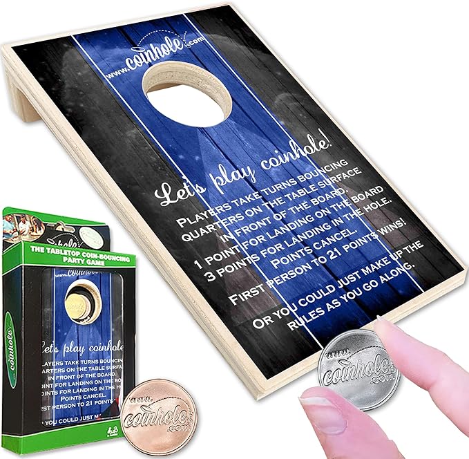 Coinhole Desktop Coin Bouncing Party Game Set | Tabletop Cornhole Board Game | Small Cornhole Travel Game Includes Coins