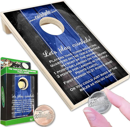Coinhole Desktop Coin Bouncing Party Game Set | Tabletop Cornhole Board Game | Small Cornhole Travel Game Includes Coins