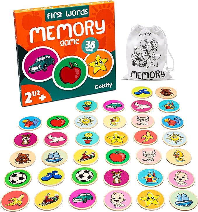 Montessori-Inspired Wooden Matching Game for Toddlers 2-4 Years - Durable, Scratch-Resistant 36 Card Set, Includes Carry Bag - Memory Game for Toddlers 2-4 Years - Cognitive Verbal Skills Development