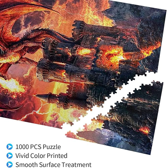 Dragon Puzzle for Adults 1000 Pieces Fantasy Red Dragon Fire Castle Puzzles Colorful and Unique Challenging Puzzle for Game Nights