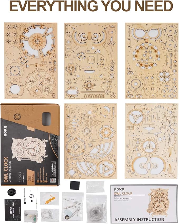 ROKR 3D Wooden Puzzle for Adults Owl Clock Model Kit Desk Clock Home Decor Unique Gift for Kids on Birthday/Christmas Day