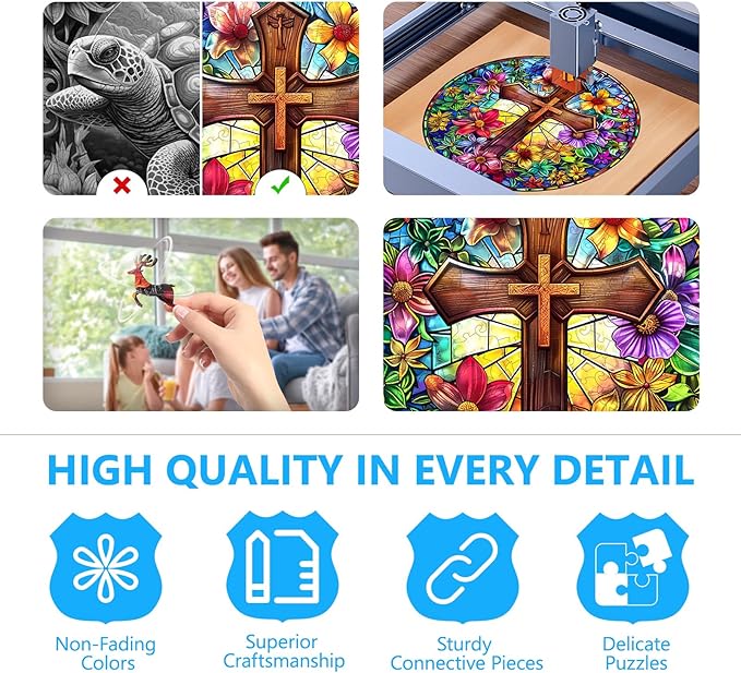 Wooden Puzzles for Adults, Stained Glass Cross Wooden Jigsaw Puzzle for Adults, Colorful Flowers Wood Puzzles Adult, Unique Shape, Fun Gifts for Friends & Family, Home Decor(M -11.4 * 11.4in-200 pcs)