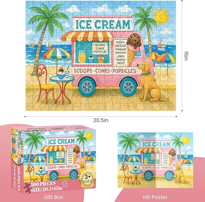 300 Piece Puzzles for Adults, Colorful Ice Cream Truck Puzzles for Adults, Cute Beach Scene with Dog 300 Piece Jigsaw Puzzle, Ideal Home Decor Gift for Adults Kids Seniors, 20.5×15 in