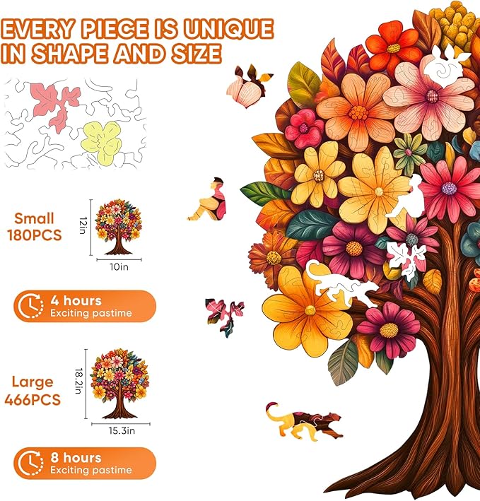 Wooden Puzzle for Adults, Flower Tree Jigsaw Puzzles for Adult, Unique Pieces Wood Cut Puzzles, Exquisiten Box Packaging, Toys for Friends Family (M-15.2 * 18.1in-466pcs)