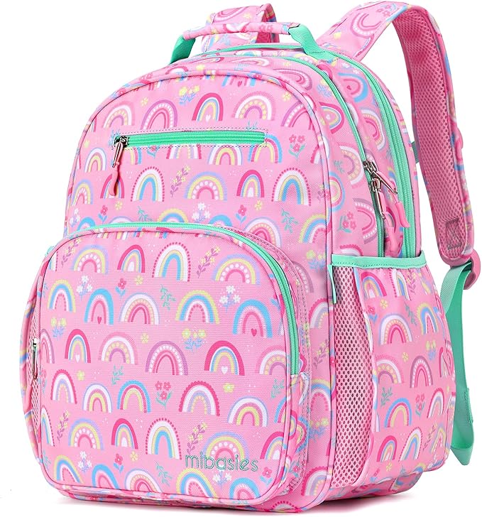 mibasies Girls Backpack: Large Kids Backpack Girls for Elementary School with Laptop Compartment - Rainbow Pink