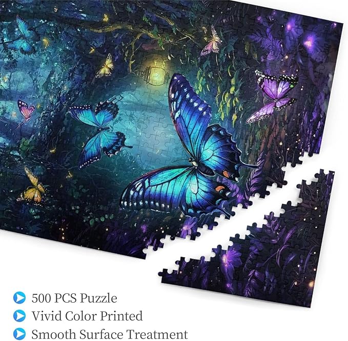 Butterfly Puzzles for Adults 500 Pieces,Magical Forest Puzzles 500 Pieces, Fantasy Puzzle,Glow Art Jigsaw Puzzles Butterflies,Fantasy Colorful Butterfly Insect Puzzle As Family Game for Adults