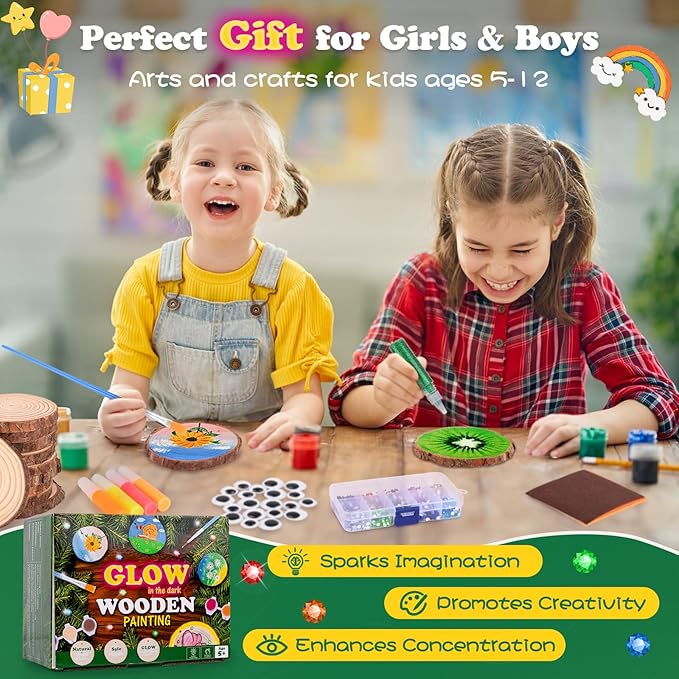 Kids Wood Painting Kit Glow in The Dark - Arts and Crafts for Kids Ages 5-12, Easter Crafts Gifts for Girls Boys Birthday, Art Supplies for 5 6 7 8 9 10 11 12 Year Old