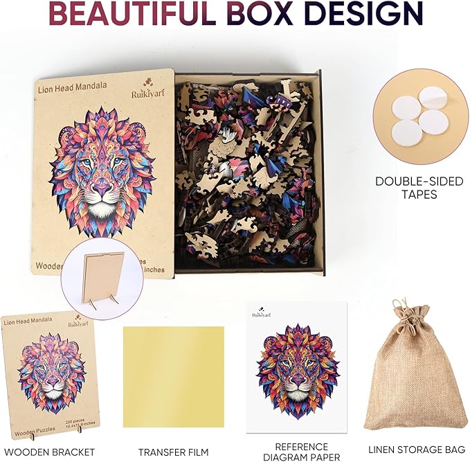 Lion Mandala Wooden Puzzles for Adults 300 Pieces,Unique Irregular Shaped Wooden Jigsaw Puzzles for Adults and Kids,Extra Thick 5MM,Best Gift,13.9x11.7Inch