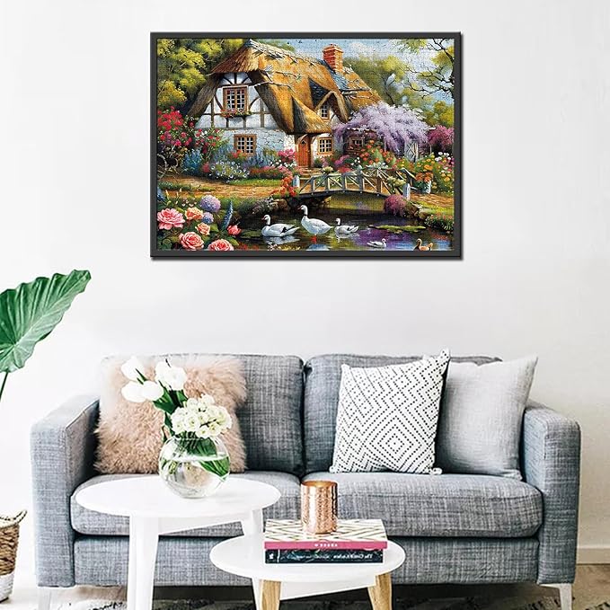 Forest Cabin Jigsaw Puzzle，Cute House Scenery 1000 Pieces Jigsaw Puzzles for Adults，27 x 20 Inches Puzzles ，HD Quality Goose Flowers Trees Wall Puzzle Gift，Family Activity Perfect for Game Night