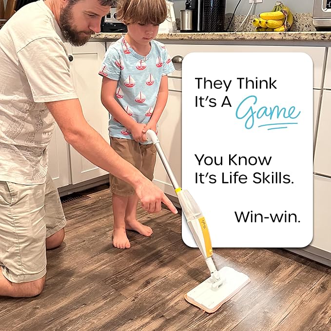 Quiggly Toy Spray Mop for Kids - Toddler Cleaning Set with Real Water Sprayer - Montessori Cleaning Set Mini Sweeper - Educational and Fun Kids Mop - Squeeze and Spray