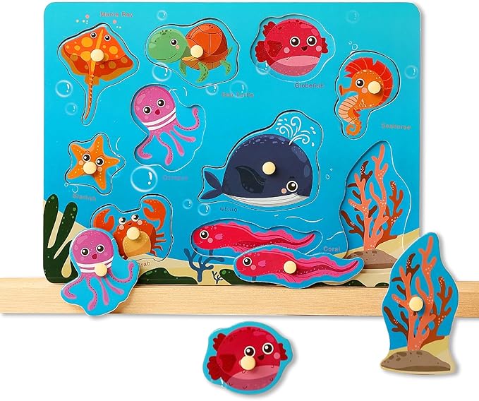 GRINNIE Wooden Toddler Puzzle for 3 4 5 Years Old, Preschool 4 PCS Learning Toy Ages 2-4 Kid Puzzles (ABC, Shape, Farm and sea Animals), Educational Toy Gift for Girls Boys Birthday Christmas