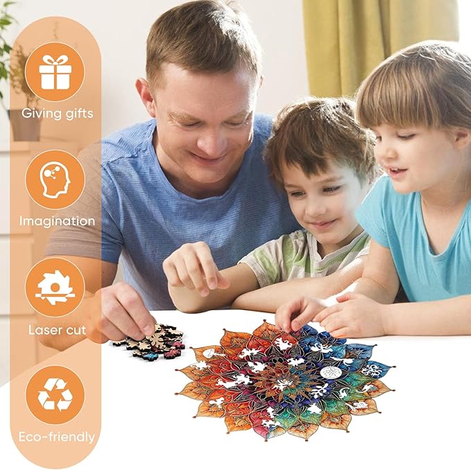Colorful Mandala Wooden Puzzles for Adults, 200 Piece Unique Shaped Wood Jigsaw Puzzles for Adults and Kids, Fun Challenging Puzzles Family Game Gift, Medium 11.4'' x 11.1''