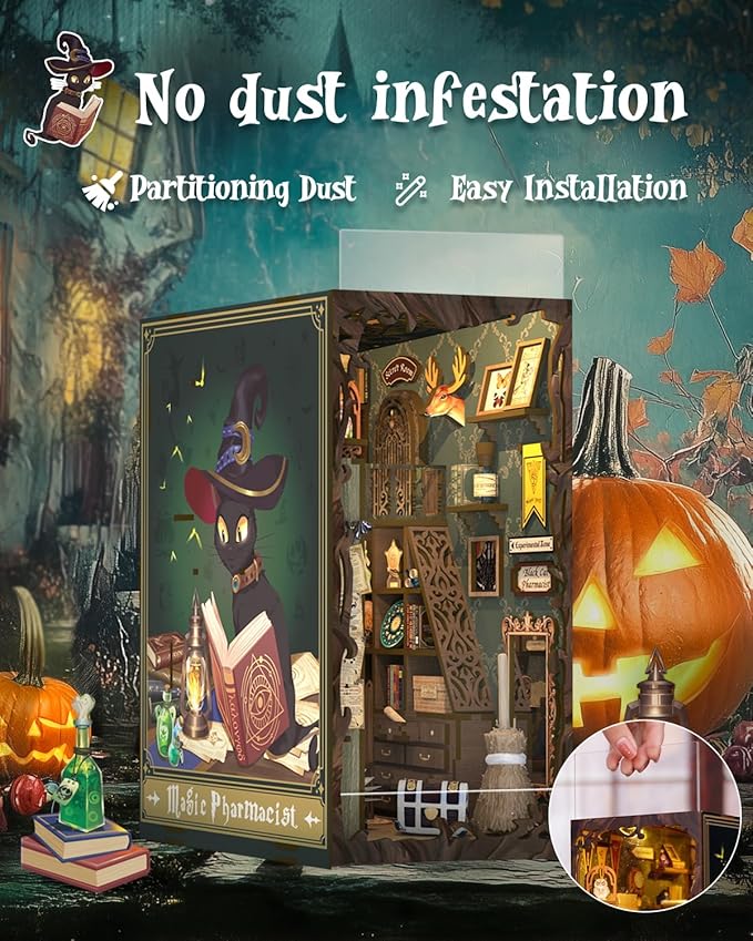 Cutefun Book Nook Kit, DIY Miniature Dollhouse Booknook for Adults, 3D Wooden Puzzle Bookend Bookshelf Insert Decor with LED Light, Gift for Craft Lovers (Magic Pharmacist)
