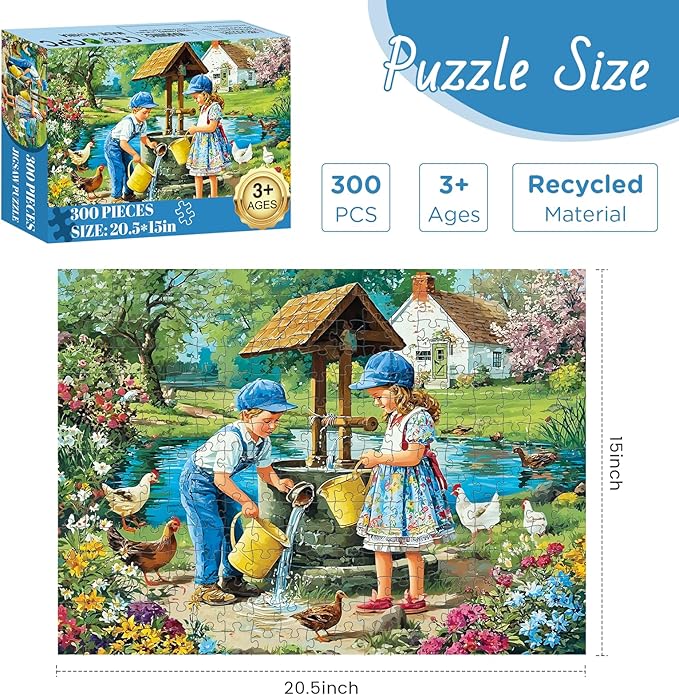 300 Piece Puzzle for Adult, Wonderful Childhood Jigsaw Puzzle for Adult Kids Seniors, Recycled Paper Unique Village Scene Jigsaw Puzzle, Challenging Family Game, for Friends Men Women 20.5 * 15 in