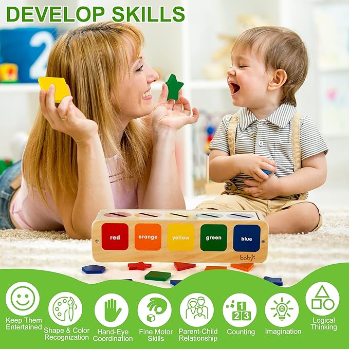 Wooden Montessori Toy for 1 2 Year Old, Shape & Color Sorting Matching Toy with Box for Toddlers 1-3, for 1 2 3 Year Old Boy Girl Gifts