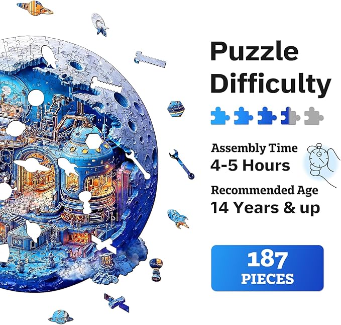 Jigfoxy Wooden Puzzles for Adults, Lunar Base Wood Puzzles Adult, Unique Animal Shape Wooden Jigsaw Puzzles for Adults, Birthday Gifts for Puzzle Lovers, Family, Friend (M-11.2 * 11.3in-187pcs)
