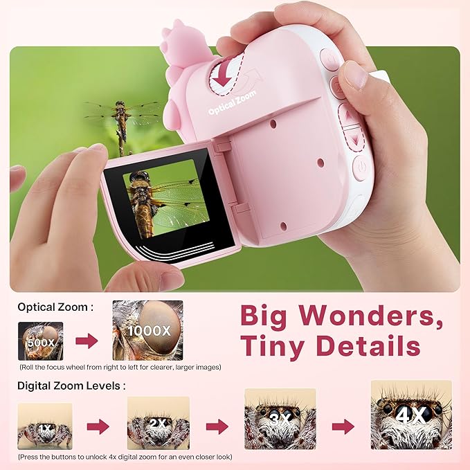 Dino Microscope for Kids, 1000x Portable Digital Microscope Camera with 2" Screen, Educational Science Kit Birthday Gifts for Kid Age 4-12, 32GB TF Card Included