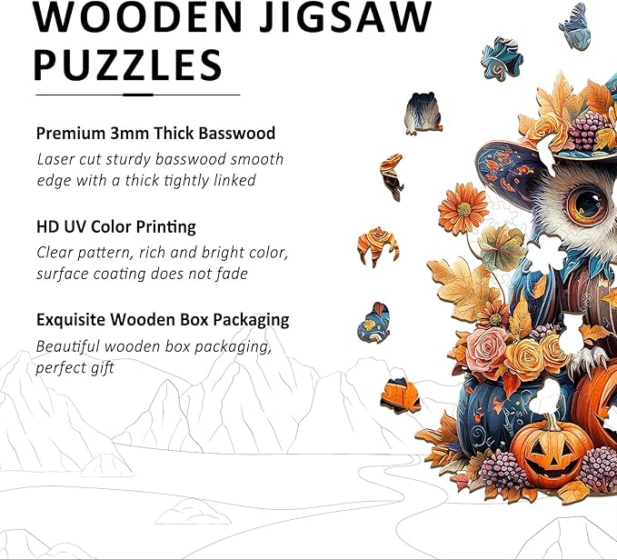 Wooden Puzzles for Adults - 268 Pieces Halloween Owl Wooden Jigsaw Puzzle - Unique Animals Shape Wood Cut Puzzles - Eco-Friendly Home Office Decor (L-13.3 * 12.4in)