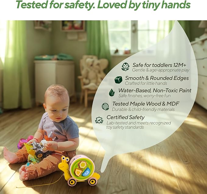 Snaily's Journey – Step by Tiny Step | Wooden 2-in-1 Pull Toy & Removable Shape Sorter Drum | Educational Animal Pull-Along for Toddlers | Fine Motor Skills Development | Gift for Boys & Girls