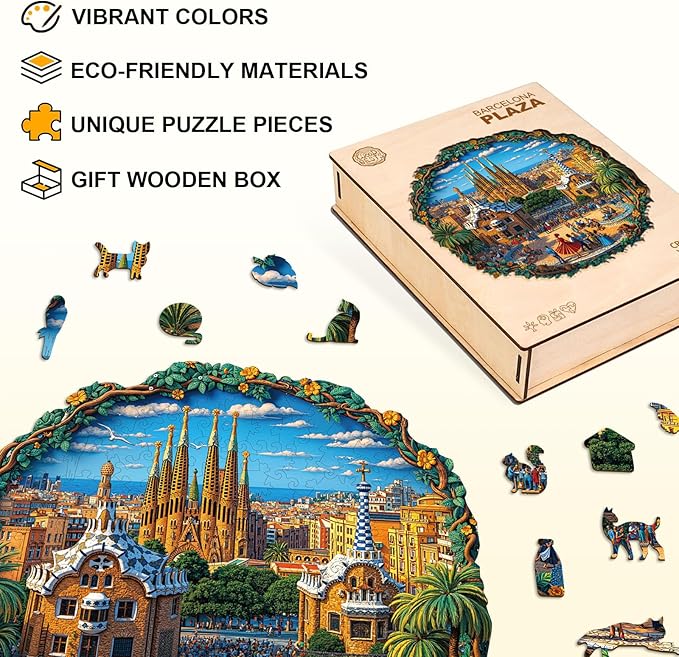 Jigfoxy Wooden Puzzles for Adults, Barcelona Plaza Wood Puzzles Adult, Unique Animal Shape Wooden Jigsaw Puzzles for Adults, Birthday Gifts for Puzzle Lovers, Family, Friend (M-11.4 * 11.4in-200pcs)