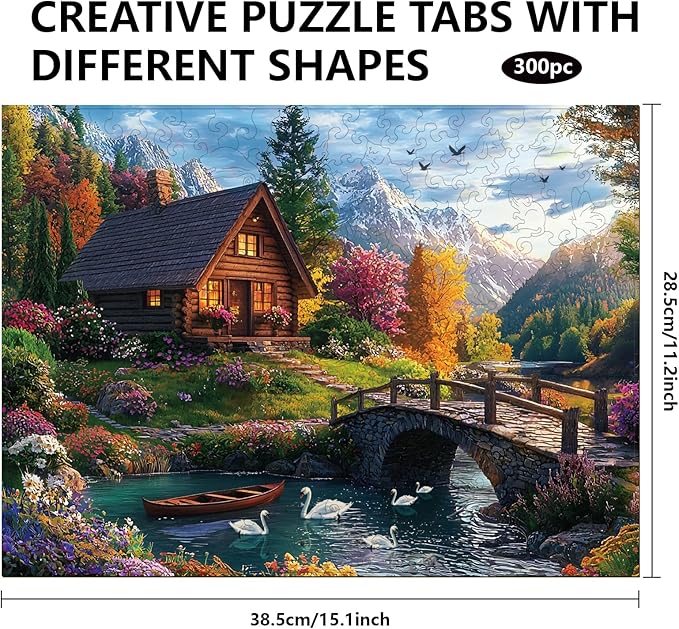 GLOBLELAND 300Pcs Riverside Cottage Wooden Jigsaw Puzzles for Adults 11.22x15.16inch Colorful River Landscape Wood Puzzles for Holidays Birthday Gifts