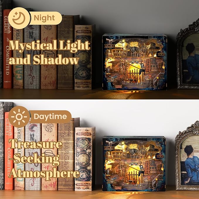 Book Nook Kit - DIY 3D Wooden Puzzle Miniature House with LED Lights - Creative Crafts for Adults - Bookshelf Insert Decor - Educational Gift for Family & Friends（Pirate Bay）