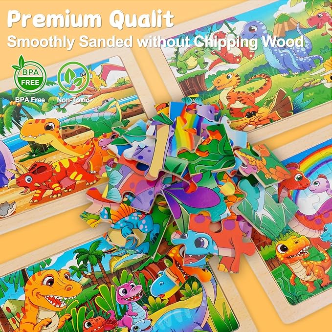Wooden Jigsaw Puzzles for Kids Ages 3-6, 4 Pack with Dinosaurs Preschool Educational Toys, Toddler Puzzles Gift for 3 4 5 Year Old Boys Girls (Dinosaur)