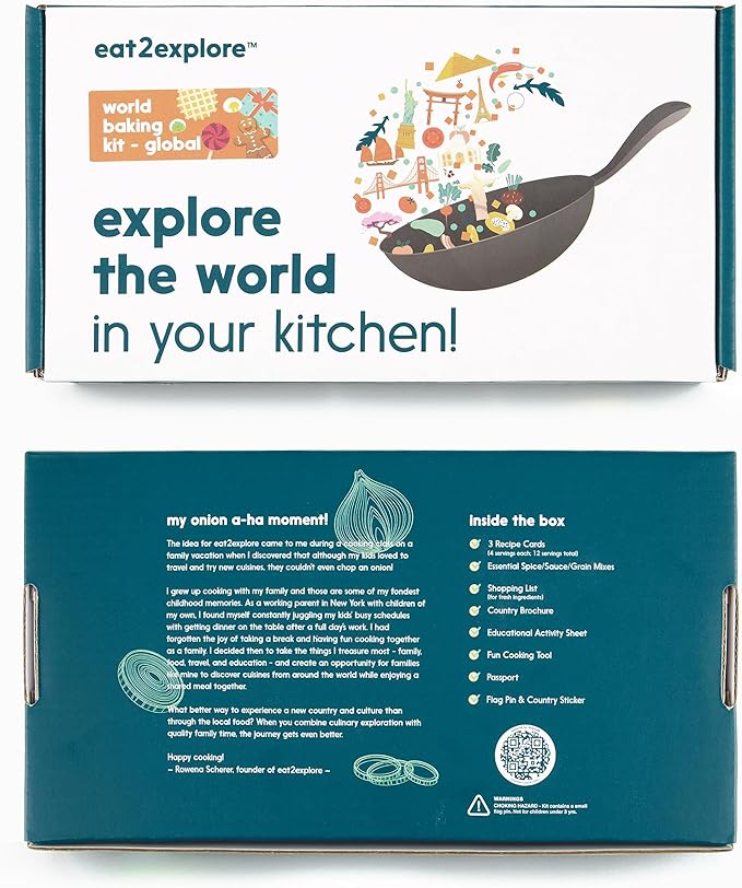 eat2explore Kids Real Dessert Baking Kit for Families | Includes 3 Recipe Cards from Japan, Turkey and Columbia with Key Ingredients, Baking Tools, Fun Kids Explorer Guide | Explore World