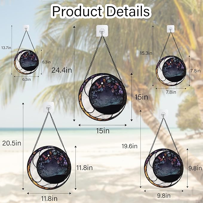 Stained Glass Window Hanging - Black and White Moon Sun Catcher for Door Terrace Garden Home Decor, Abstract Plant Flower Suncatcher Birthday Gifts for Lovers Women Men Dad Mom Nana 7.8 in