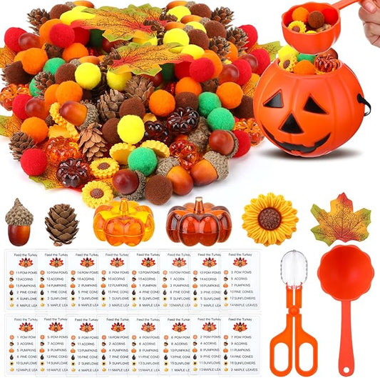 149 Pcs Thanksgiving Fine Motor Skills Sensory Bin Filler Set Include Cognitive Cards Acorn Maple Leaf Sunflower Pinecone Pumpkin Decor for Sorting Counting Training Development
