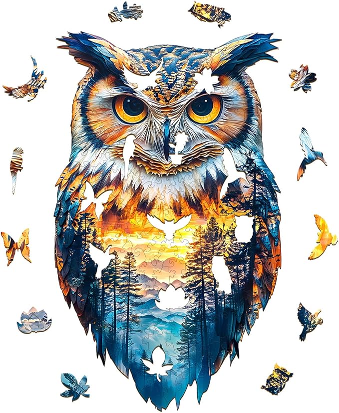 Wooden Jigsaw Puzzles, Forest Owl Wooden Puzzles for Adults with Unique Shape, Adult Jigsaw Puzzle, Birthday Gifts for Adults, 13.3"x8" - 170pcs
