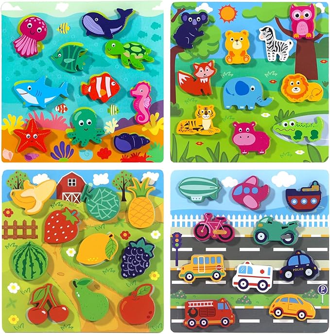 Hook & Loop Wooden Puzzles for Toddlers | Montessori Learning Toys with 4-in-1 Themes | Ocean, Jungle, Transportation, Fruit | Secure Adhesion & Educational Gifts