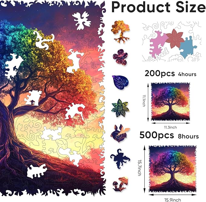 Ruikiyart Wooden Puzzles for Adults, 5MM 200 Pieces Color-Tree of Life Wooden Jigsaw Puzzles, Plant Unique Shaped Puzzle Gifts for Adults and Kids on Thanksgiving, Family Puzzle Games(11.3"*11.1")