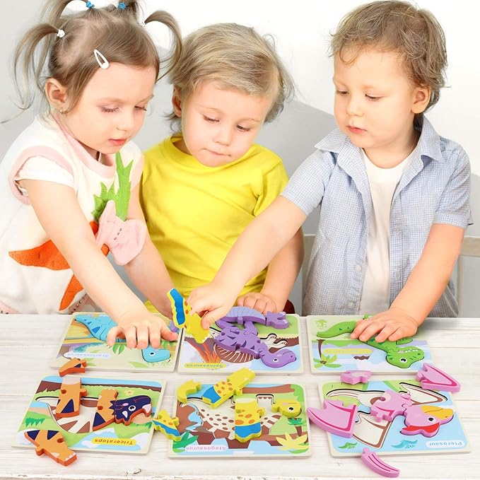 SYNARRY 6 Pack Dinosaur Wooden Puzzles for Kids 3-5, Wooden Puzzles for Toddlers, Dinosaur Puzzles for Toddlers 3 4 5 Year Old, Educational Preschool Puzzles Toys Gifts for Boys Girls