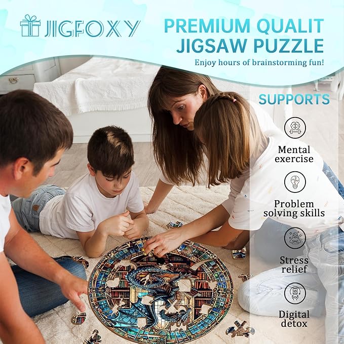 Jigfoxy Wooden Puzzles for Adults, Dragon's Library Wood Puzzles Adult, Unique Animal Shape Wooden Jigsaw Puzzles for Adults, Birthday Gifts for Puzzle Lovers, Family (M-11.4 * 11.4in-200pcs)