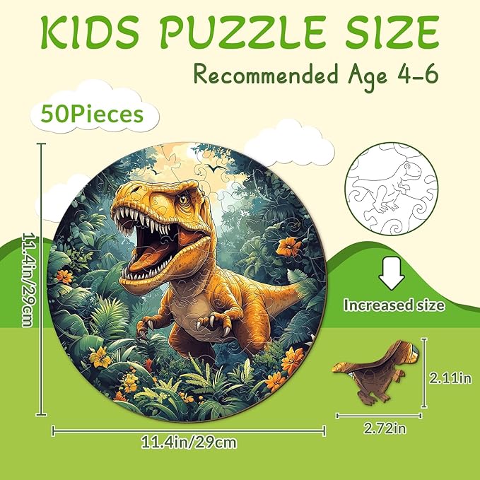 Wooden Puzzles for Kids Ages 4-6, Dinosaur 50 Pieces Kids Puzzle, Children Birthday Easter Puzzle Gift Idea, Educational Puzzles Toys for Boys and Girls (11.4 * 11.4in)