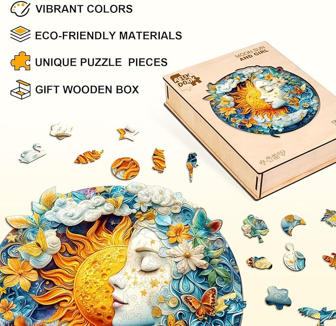Wooden Puzzles for Adults - Moon Sun and Girl Wood Puzzles Adult - Unique Animal Shape Wooden Jigsaw Puzzles for Adults - Birthday Gifts for Puzzle Lovers, Family (11.4 * 11.4in)