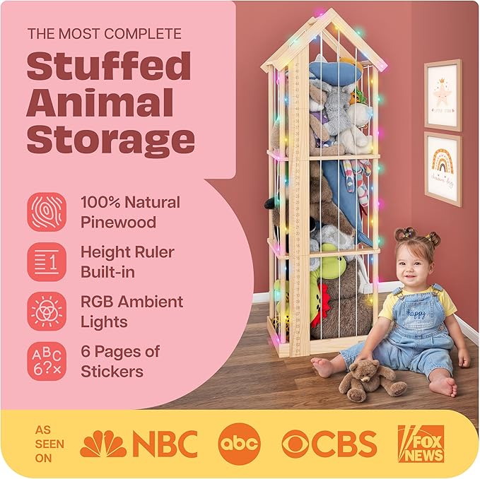 Stuffed Animal Zoo Storage Cage | Wooden Plush Tower Storage | Durable Plush Toy Stuffie Holder | Vertical Jail Organizer with Height Ruler, Stickers & RGB Light (Large)