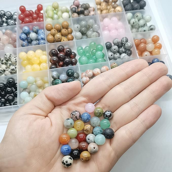 480pcs Natural Round Stone Beads Genuine Real Stones Beading Loose Gemstone DIY for Bracelet Necklace Earrings Jewelry Making (8mm, 24 Color)