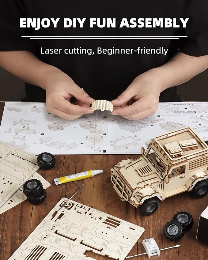 3D Wooden Puzzle Off-Road Car for Adults, Brain Teaser 3D Puzzles for Kids and Adults to Build, 125pcs Wood Craft Pull Back Truck Cars, Christmas Birthday Gift for Teens Men Women