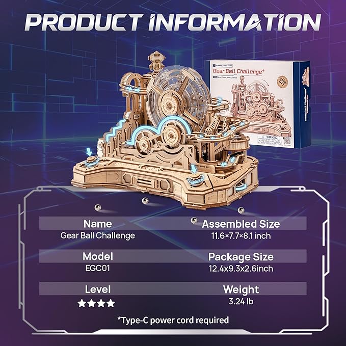 ROKR 3D Wooden Puzzles for Adults Miniature Marble Run Building Toys,DIY Pinball Machine Model Kits-Gear Ball Challenge EGC01