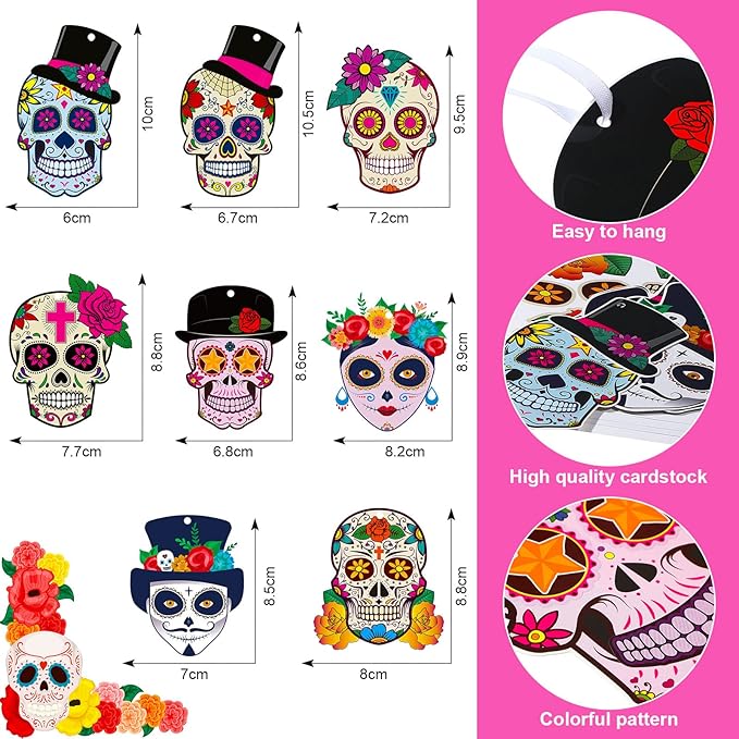 Sumind 24 Sets Day of Dead Decorations Sugar Skull Crafts Kits for Kids Dia De Los Muertos Decor Halloween Ghost Ornaments Halloween Day of Dead Fiesta Party Supplies Fun Home Activities Classroom