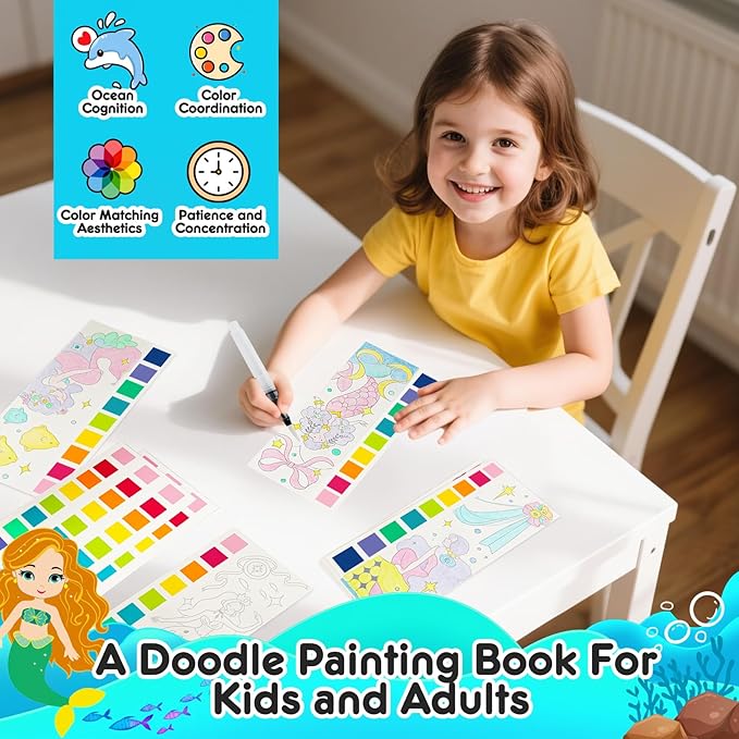 ROOCHKD Watercolor Painting Coloring Books Pocket Watercolor Paint Bookmarks, Mess Free Paint with Water Set, Travel Class Activities Art Party Favors Exchange Birthday Gifts for Kids (Mystic meraid)