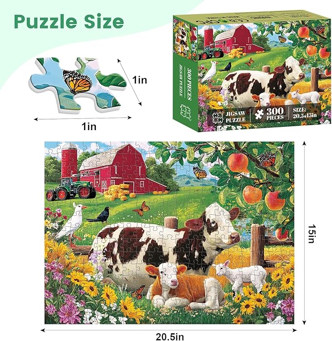300 Pieces Puzzle for Adults, Countryside Farm Puzzle for Adults Children, Cow Family and Apple Tree Jigsaw Puzzle 300 Pieces, Fun and Challenging Family Game Great Gift Idea, 20.5 * 15 in