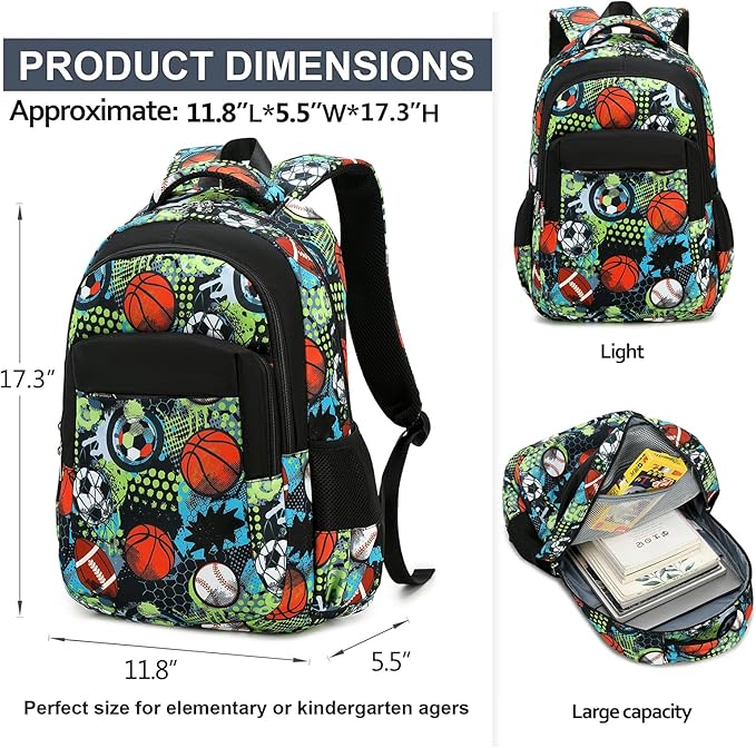LEDAOU School Backpack Teen Boys Kids Bookbag Daypack School Bag (Green Dots Rugby)