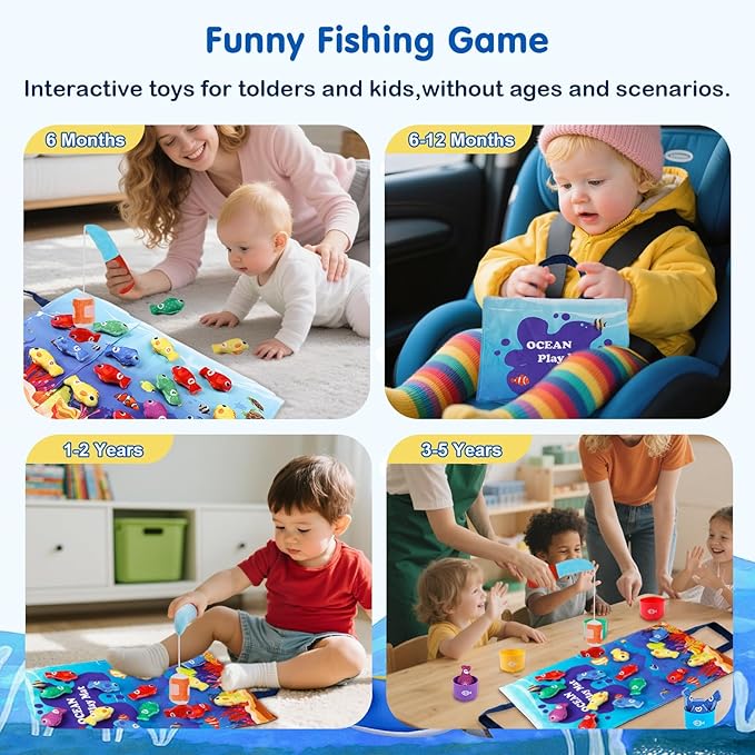 Montessori Toys for 1-2 Year Old - Toddler Fishing Game with Stacking Cups, Baby Toy 12-18 Months One Year Old Boy Girl Birthday Gift to Learn Count, Sort Colors and Shapes