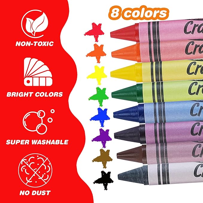 Super Washable Jumbo Crayons Bulk, 4 Pack Crayons with 8 Bright Colors, Non-Toxic Easy-Grip for Toddlers 1-3 & Kids Ages 4-8, Safe Art Supplies for Coloring Books & School Projects