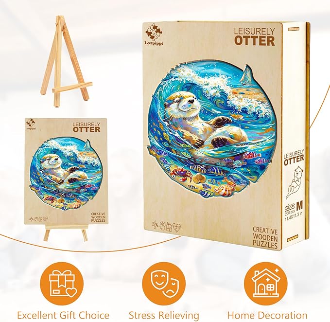 Wooden Puzzles for Adults, Wooden Jigsaw Puzzles for Adults Kids, Leisurely Otter Unique Shaped Wood Puzzles Adult, Creative Birthday Gifts for Friends Family Game (11.4 * 11.3n 200pcs)