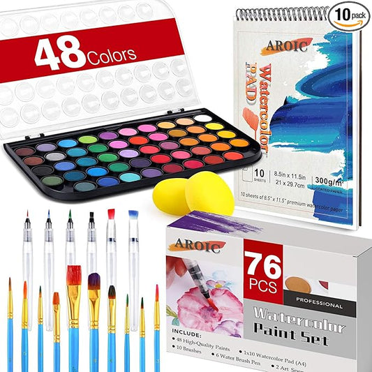 Watercolor Paint Set, 48 Color Watercolor with 10 PCS Nylon Brushes,6 PCS Refillable Water Brush Pen, 10 Page Pad(A4) and 2 PCS Art Sponges. Watercolor Paint set for Adults,Children and Beginners.